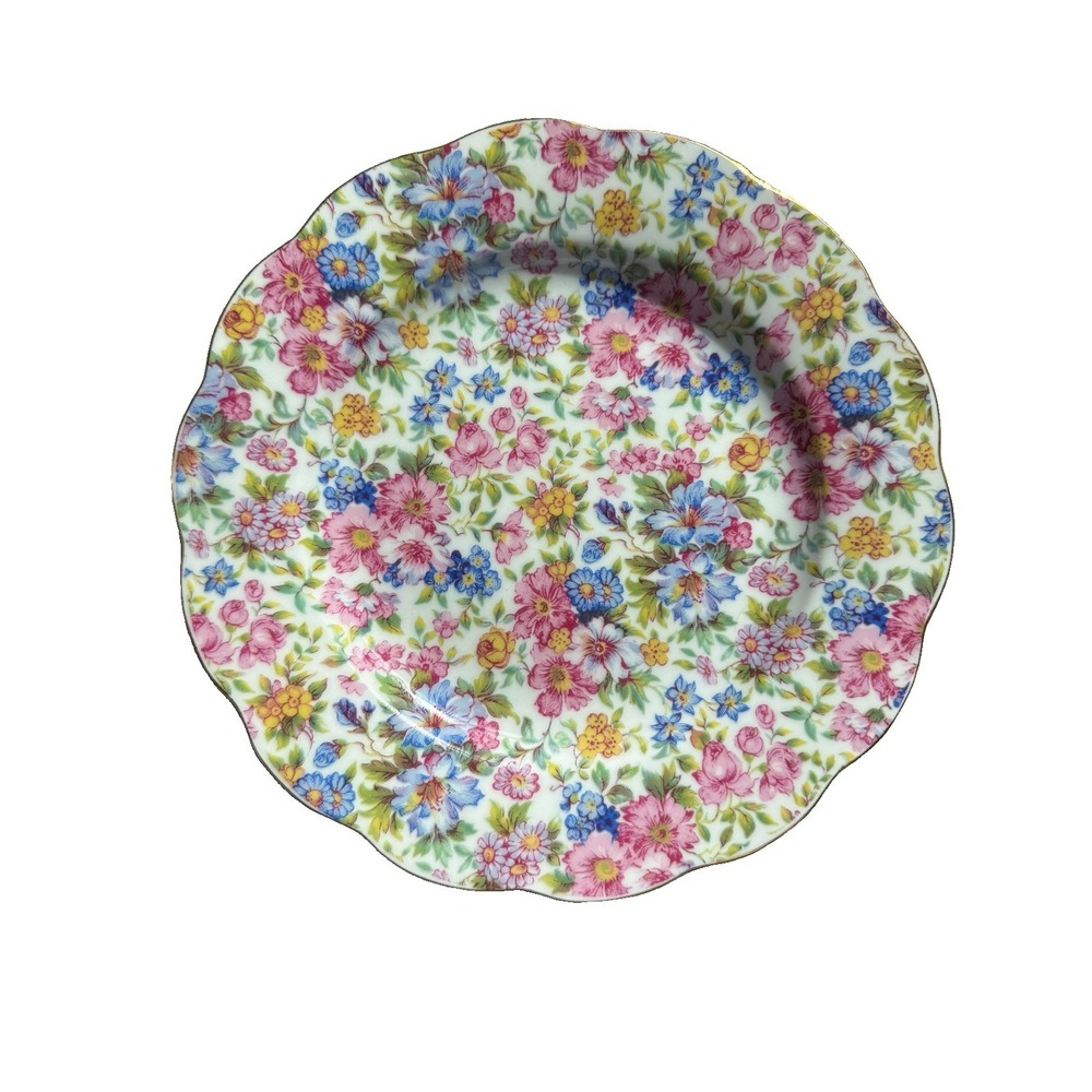 Two's Company Round Plate Chintz Flower Rose Violet Pink Blue 8"